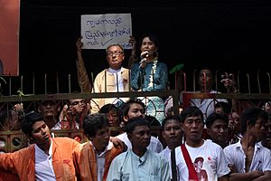 Aung San Suu Kyi speaking to supporters at National League for Democracy (NLD) headquarter