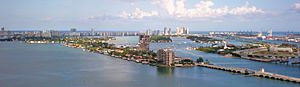 View of the Venetian Causeway and Venetian Islands with South Beach in the background, as seen from the Arts & Entertainment District neighborhood