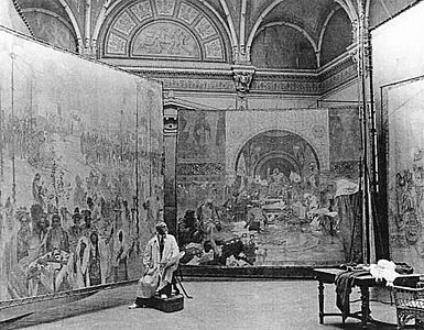 Alfons Mucha at work on Slav Epic