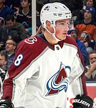 Cale Makar playing with the Avalanche in 2020 (Quintin Soloviev) (cropped)