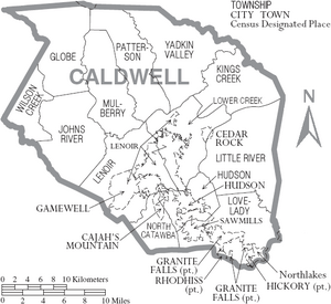 Map of Caldwell County North Carolina With Municipal and Township Labels