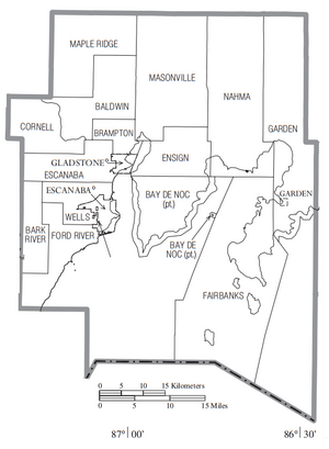 Map of Delta County Michigan With Municipal and Township Labels