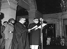 President Dr. Zakir Husain at the swearing in ceremony of Justice M. Hidayatullah, at Rashtrapati Bhavan