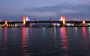 Q Bridge in New Haven Illuminated Red, White, and Blue (27460771747)