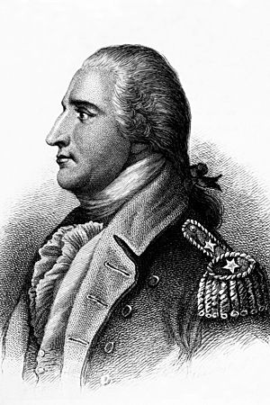 A head and shoulders profile engraving of Benedict Arnold. He is facing left, wearing a uniform with two stars on the epaulette. His hair is tied back.