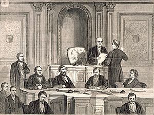 Chief Justice Chase, as President of the Court of Impeachment, Administering the Oath to Senator Wade, in the Senate Chamber, Washington, D.C., on the 6th March (1)