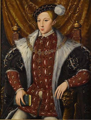 Formal portrait in the Elizabethan style of Edward in his early teens. He has a long pointed face and a small full mouth.