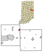 Location of Albany in Delaware County and Randolph County, Indiana.