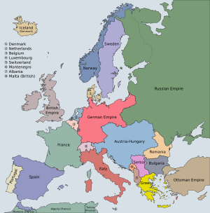 Europe 1914 (pre-WW1), coloured and labelled