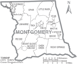 Map of Montgomery County North Carolina With Municipal and Township Labels