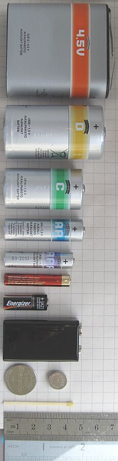 Batteries comparison 4,5 D C AA AAA AAAA A23 9V CR2032 LR44 matchstick-vertical