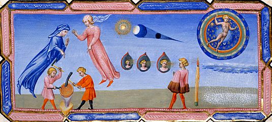 Giovanni di Paolo, Divine Comedy, Paradiso, Beatrice explaining some scientific theories to Dante, including the appearance of the moon (1444-50) British Library