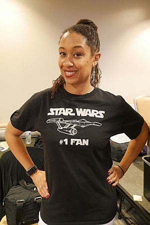 Leighann Lord wearing a t-shirt reading "Star Wars #1 Fan"