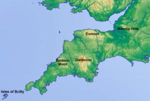 Topographic map of south-west England (labeled)