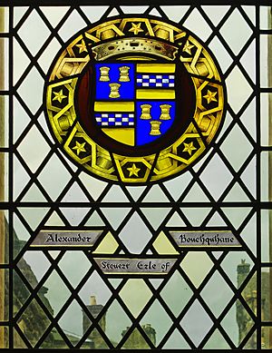 Arms of Alexander Stewart, Earl of Buchan on stained glass window, Great Hall, Stirling Castle