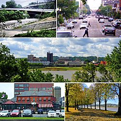 Clockwise: the Paul Ambrose Trail for Health (PATH), Fourth Avenue, the downtown skyline as seen from across the Ohio River, Harris Riverfront Park, and the Huntington Welcome Center at Heritage Station.