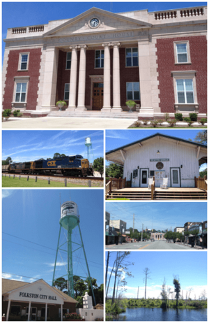 Top, left to right: Charlton County Courthouse, Folkston Funnel, Folkston Train Museum, City Hall, Downtown Folkston, Okefenokee Swamp