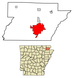 Location of Paragould in Greene County, Arkansas.