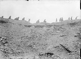 Troops passing Lochnagar Crater Oct 1916 IWM Q 1479
