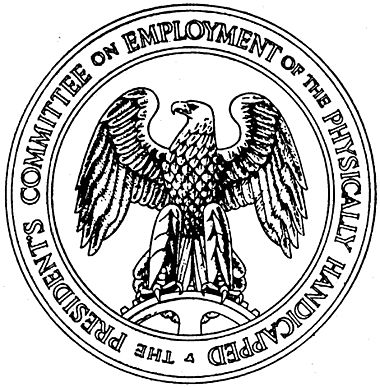 A round seal with the words "The President's Committee on Employment of the Physically Handicapped" around the edge. In the center is an eagle standing on a spur gear and facing to its right.
