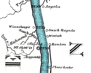 Winnebago (now Sartell) on the 1866 Mississippi river ribbon map