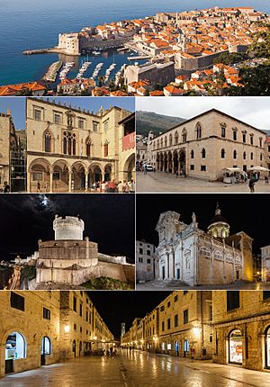 Clockwise from top: Dubrovnik Old Town, Rector's Palace, Dubrovnik Cathedral, Stradun, Walls of Dubrovnik, Sponza Palace