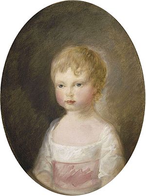 Painting of Octavius as a young boy with short, wispy blonde hair, wearing a white garment with a pink sash