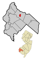 Woodstown highlighted in Salem County. Inset map: Salem County highlighted in the State of New Jersey.