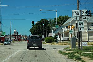 Intersection of US 24, IL 97, and IL 100 in downtown Lewistown