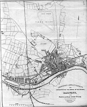 1836 map of Grainger's railway termini proposal for Newcastle