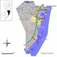 Map of Berkeley Township in Ocean County. Inset: Location of Ocean County highlighted in the State of New Jersey.