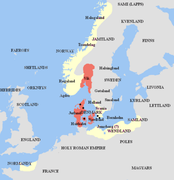 Harald's realm (red) with vassals and allies (yellow).