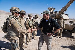 Secretary of the Army Dr. Mark T. Esper visits Fort Irwin National Training Center Nov. 2, 2018. Dr. Esper visited the National Urban Warfare Center and met with armored Soldiers with the 4th Infantry Division