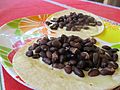 Black beans, cheese, tortilla close-up