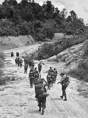 Members of B Company of the 2-2 Machine Gun Battalion moving along a road towards Brunei AWM 109273.jpg