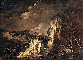 Salvator Rosa - Rocky Landscape with a Huntsman and Warriors - WGA20063