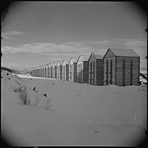 Tule Lake Relocation Center, Newell, California. Granery storage buildings, which are used to store . . . - NARA - 536902