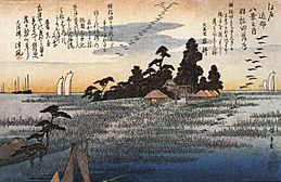Hiroshige A shrine among trees on a moor