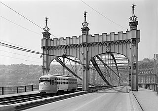 North end of Smithfield Street Bridge with trolley in May 1974 - HAER PA,2-PITBU,58-15