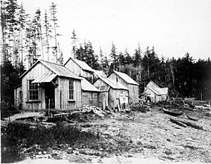 Tlingit houses and canoes, Tee Harbor, Alaska, June 25, 1907 (COBB 112)