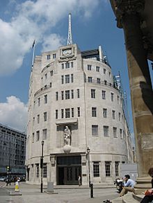 A photograph of Broadcasting House showing the art deco styling of the main facade was made from Portland stone.