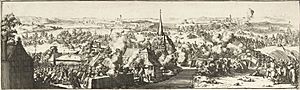Gevechten bij Walcourt, 1689 Afbeeldinge wegens de bloedige renkontre, voorgevallen op den 25 augustus 1689, tussen den prins van Waldek, en de maarschalk de Humiers, by het stedeken Walcourt, in de provinci van Naamen (cropped).jpg