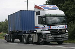 Gracechurch 2004 Mercedes-Benz Actros truck with Maritime container on a skeleton trailer, 9 February 2009