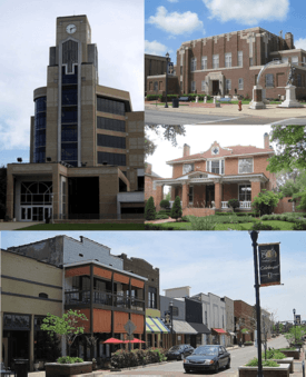Clockwise from top: Craighead County Courthouse, a house in the West Washington Avenue Historic District, downtown Jonesboro, and the Dean B. Ellis Library at Arkansas State University