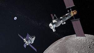 An artist's picture of a spacecraft approaching a space station in orbit around the Moon, with the Earth visible in the distant background.