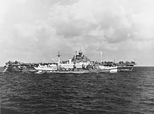 USS Bunker Hill (CV-17), USS Bountiful (AH-9) and USS The Sullivans (DD-537) on 12 May 1945