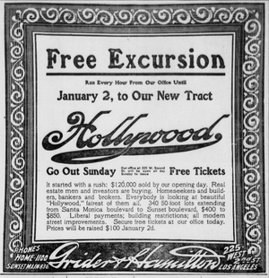 Advertisement for Hollywood, California, land sales, 1908