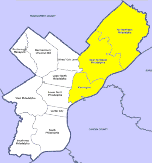 Map of Philadelphia County with Northeast highlighted, which contains the Near Northeast neighborhood. Click for larger image.
