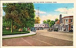 Postcard of Fairfield, Connecticut c 1938 showing corner of Post Road and Old Post Road