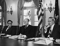 Secretary of Defense James R. Schlesinger with President Gerald R. Ford and Secretary of State Henry Kissinger